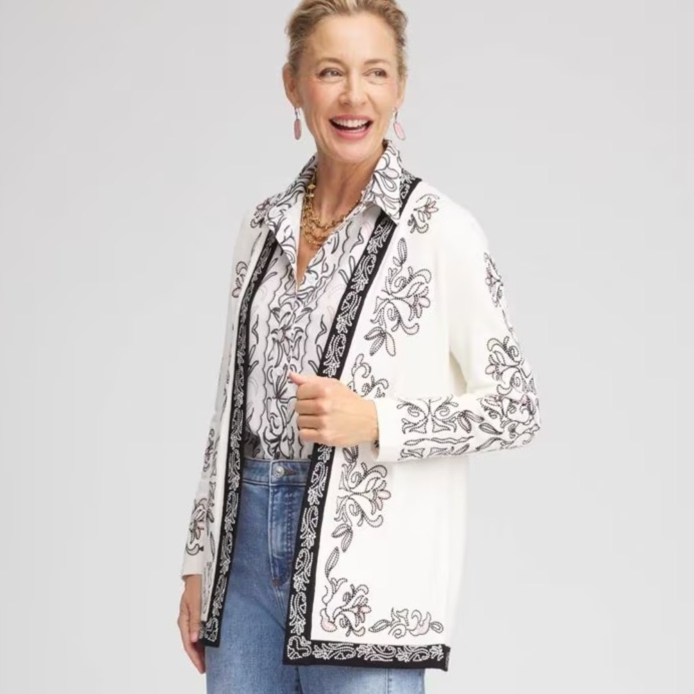 CHICO’S NWT 2 Embroidered Open-Front Cardigan • Floral Ecru Black Classic L